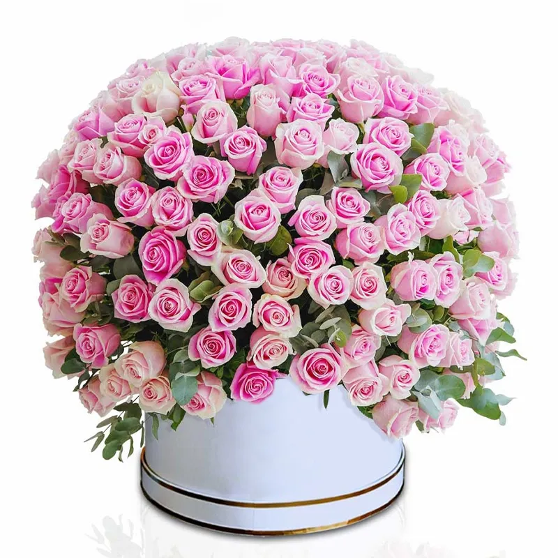 Букет из 101 розовой розы в шляпной коробке